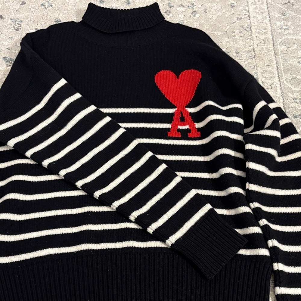 Ami Black and White Striped Sweater with Red Heart Accent